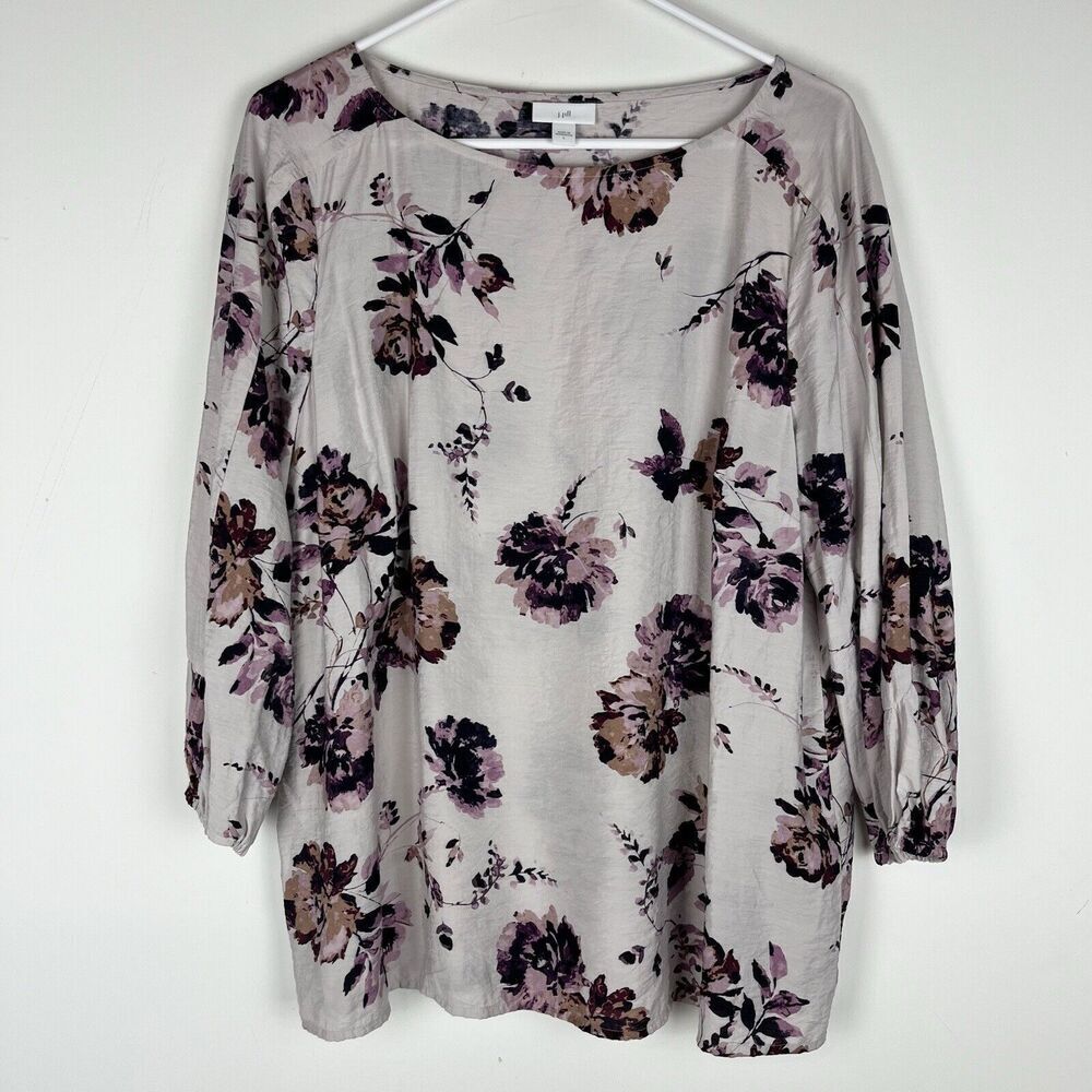 J Jill Floral Purple Boat Neck Blouse Large 3/4 Sleeve​​‎
